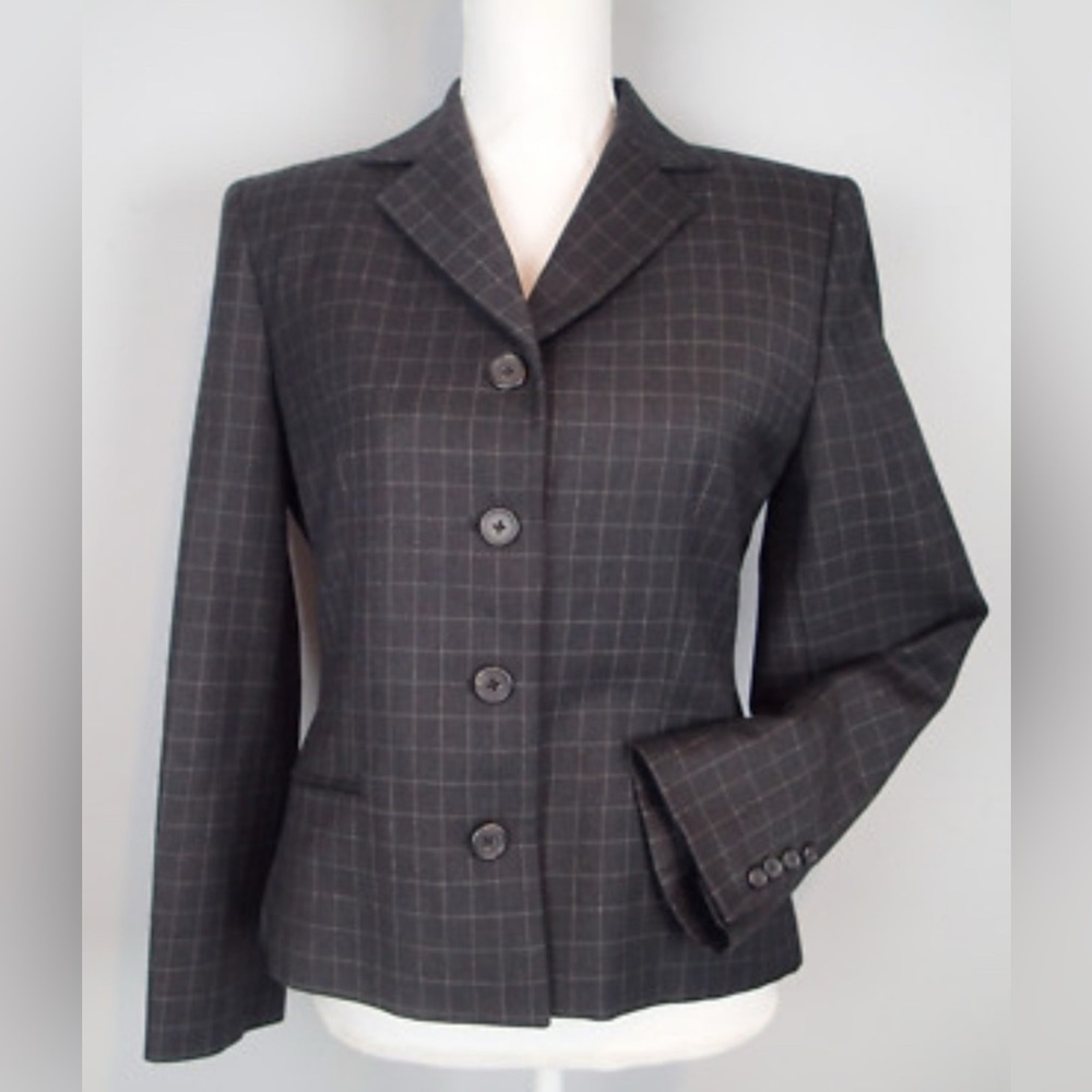 LAUREN RALPH LAUREN CHARCOAL WINDOWPANE WOOL BLAZER 4 BUTTON SINGLE BREAST 14